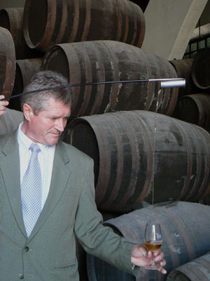 Pepe Gomez demonstrates the use of the valencia (traditional wine thief) in Osborne's sherry cellar