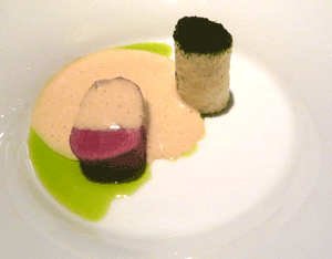 Sahajdak's beef tenderloin in a dill sauce accompanied by a dumpling.  This dish has been on La Degustation's menu for three years