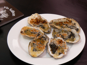 Chef Franco Taruschio's oysters and laverbread at The Chef's Room Fish and Cookery School at Blaenavon, south Wales