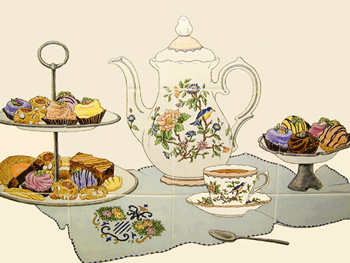 painting of cakes and tea by Annette Etcheverry