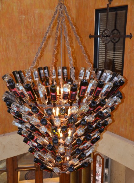 A wine bottle chandelier.