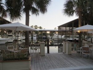 Yachts docked steps from the entrance to Fisher's.