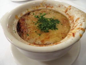 French onion soup with beef broth, caramelized onions, white wine, thyme and gruyere cheese