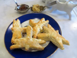 Dragonfly biscuits with pecan butter and fig preserves.