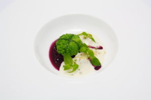 Marinated red cabbage with cabbage dumplings with a foam of smoked Tofu and red cabbage sauce