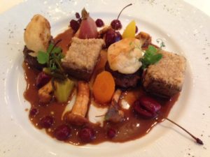 Local venison with hazelnut, kaseknepfle, chanterelles and cherry compote with cardamon and meat balls (firckadelle)