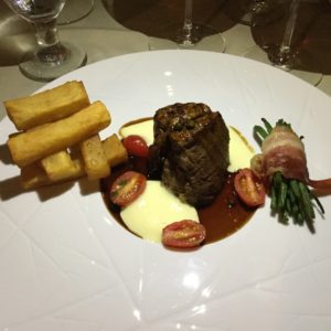 Fine dining at the Wilhemina Restaurant. The ever-present Aruban French fries were crisp, hot, well-paired with the filet. 